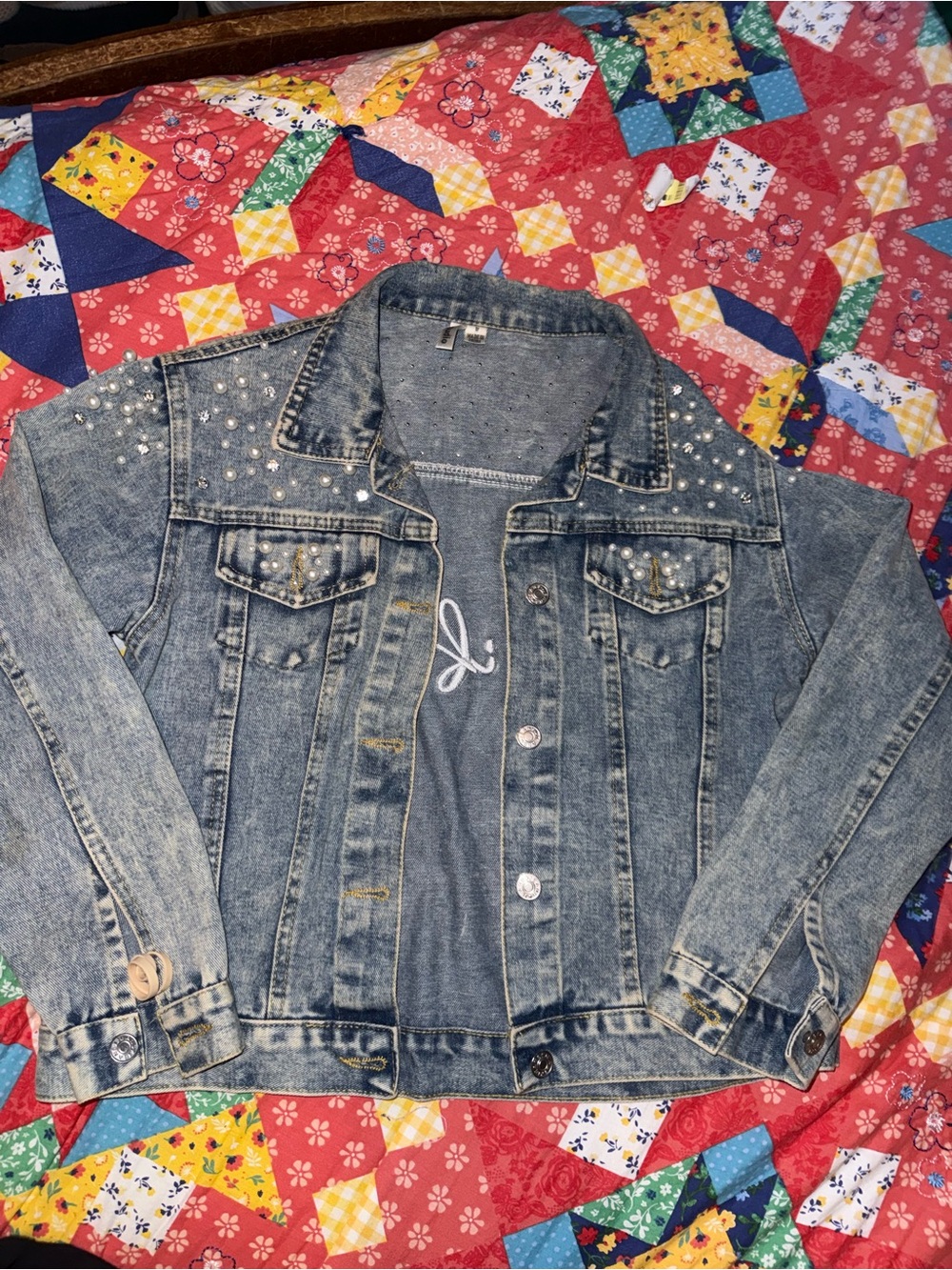 Wifey Pearl-Embellished Light Wash Denim Jacket